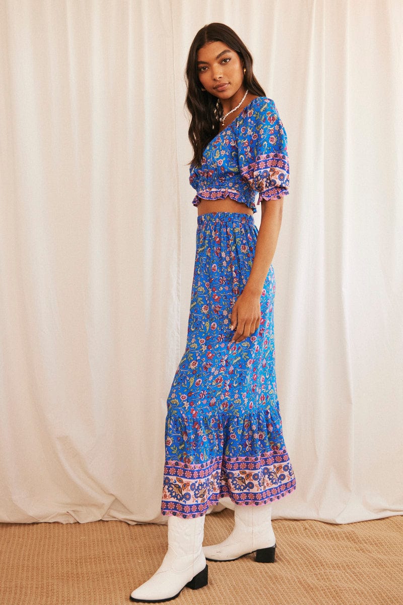 Blue Boho Maxi Skirt High Waisted Elastic Band Frill Hem - Image 4
