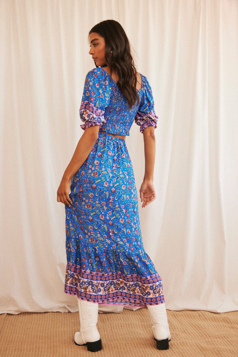 Blue Boho Maxi Skirt High Waisted Elastic Band Frill Hem - Image 5