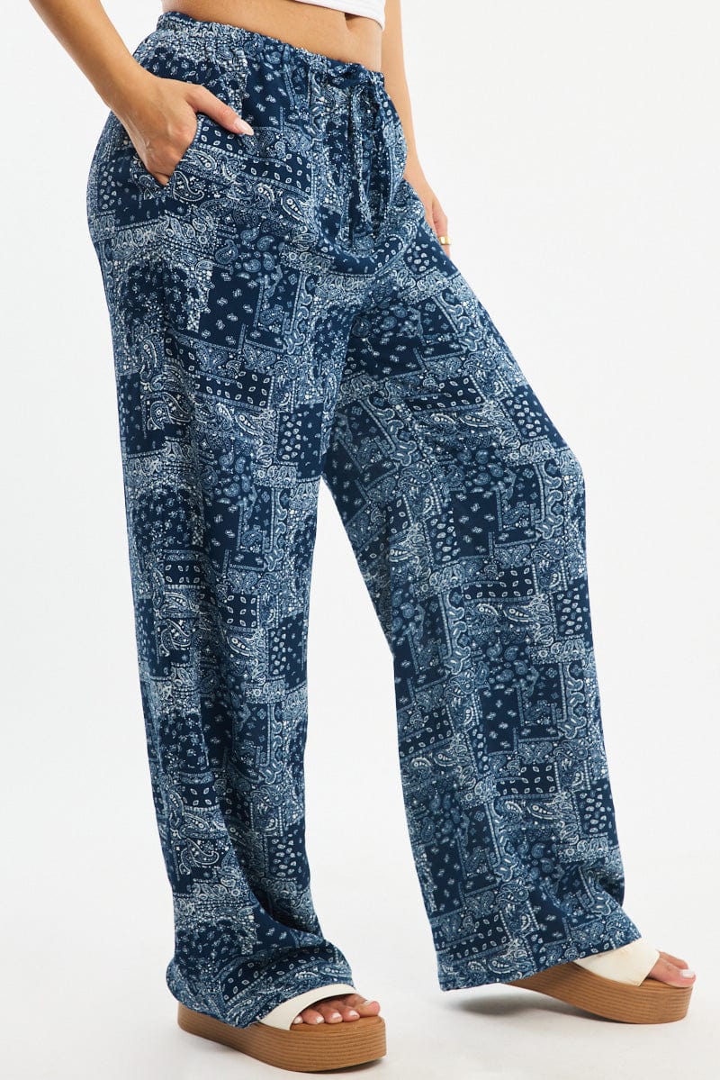 Blue Boho Wide Leg Pants Elasticated Waist - Image 3