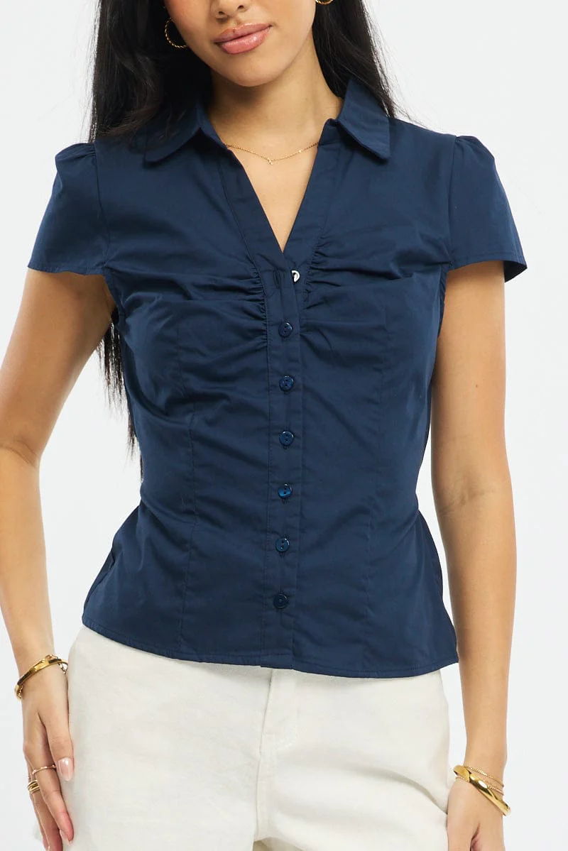 Blue Button Up Shirt Short Sleeve Collared Tie Back - Image 5