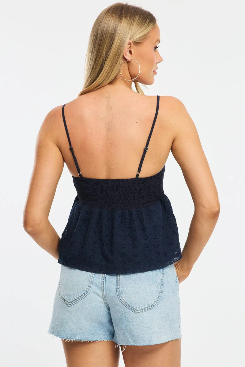 Blue Cami Sleeveless Square Neck Shirred Bust Eyelet - Image 4