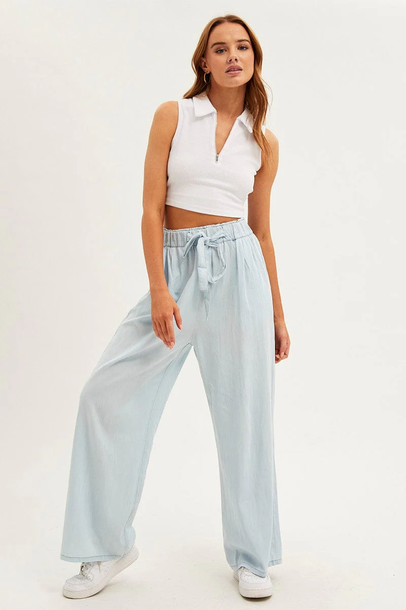 Blue Chambray Pant Tie Front Wide Leg - Image 3