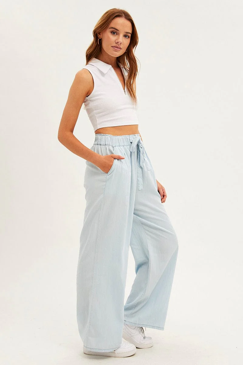 Blue Chambray Pant Tie Front Wide Leg - Image 4