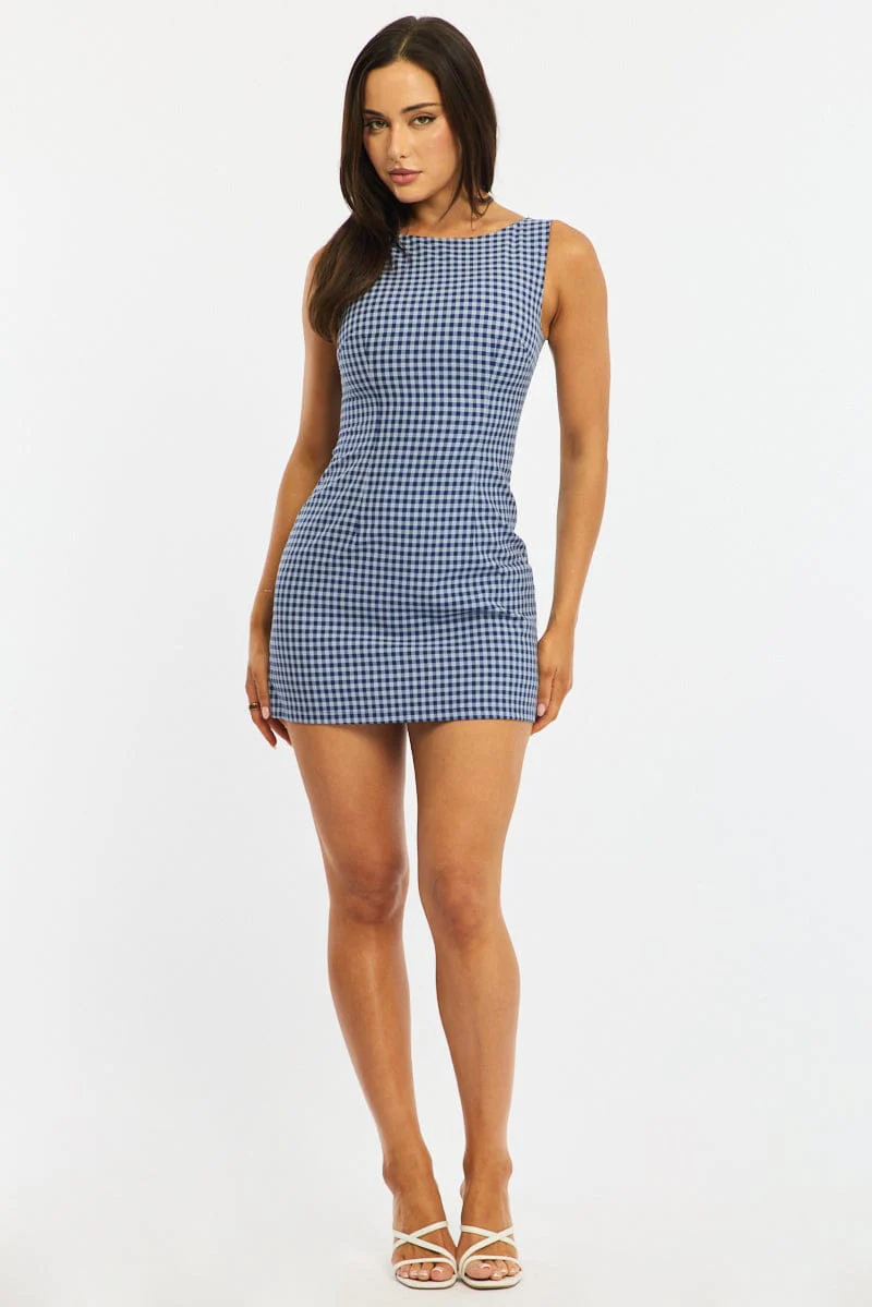 Blue Check Bodycon Dress Mini Check - Image 2
