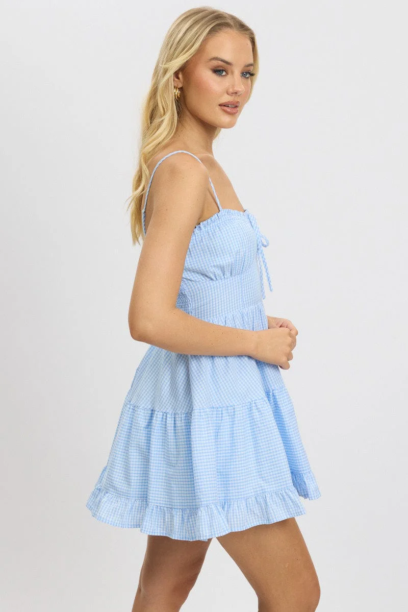 Blue Check Fit and Flare Dress Sleeveless Tiered - Image 4
