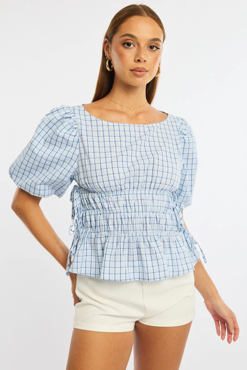 Blue Check Gathered Top Boat Neck Short Puff Sleeve