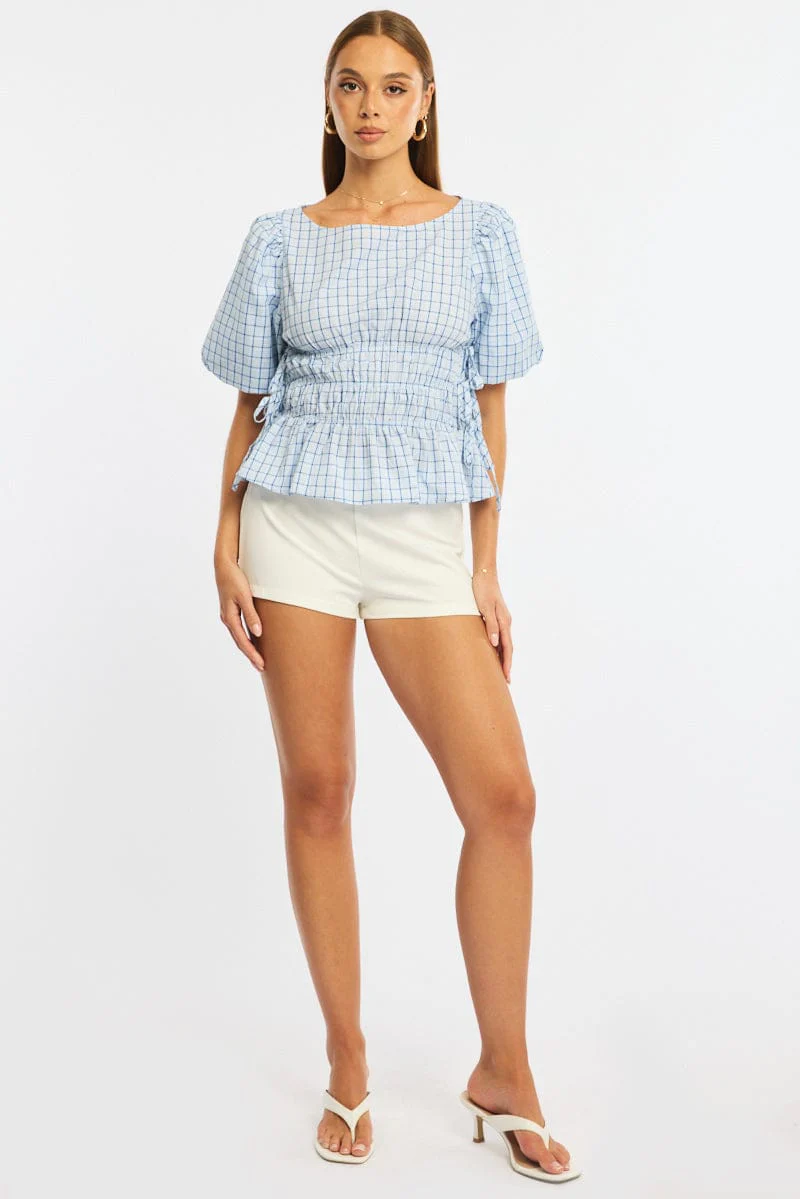 Blue Check Gathered Top Boat Neck Short Puff Sleeve - Image 2
