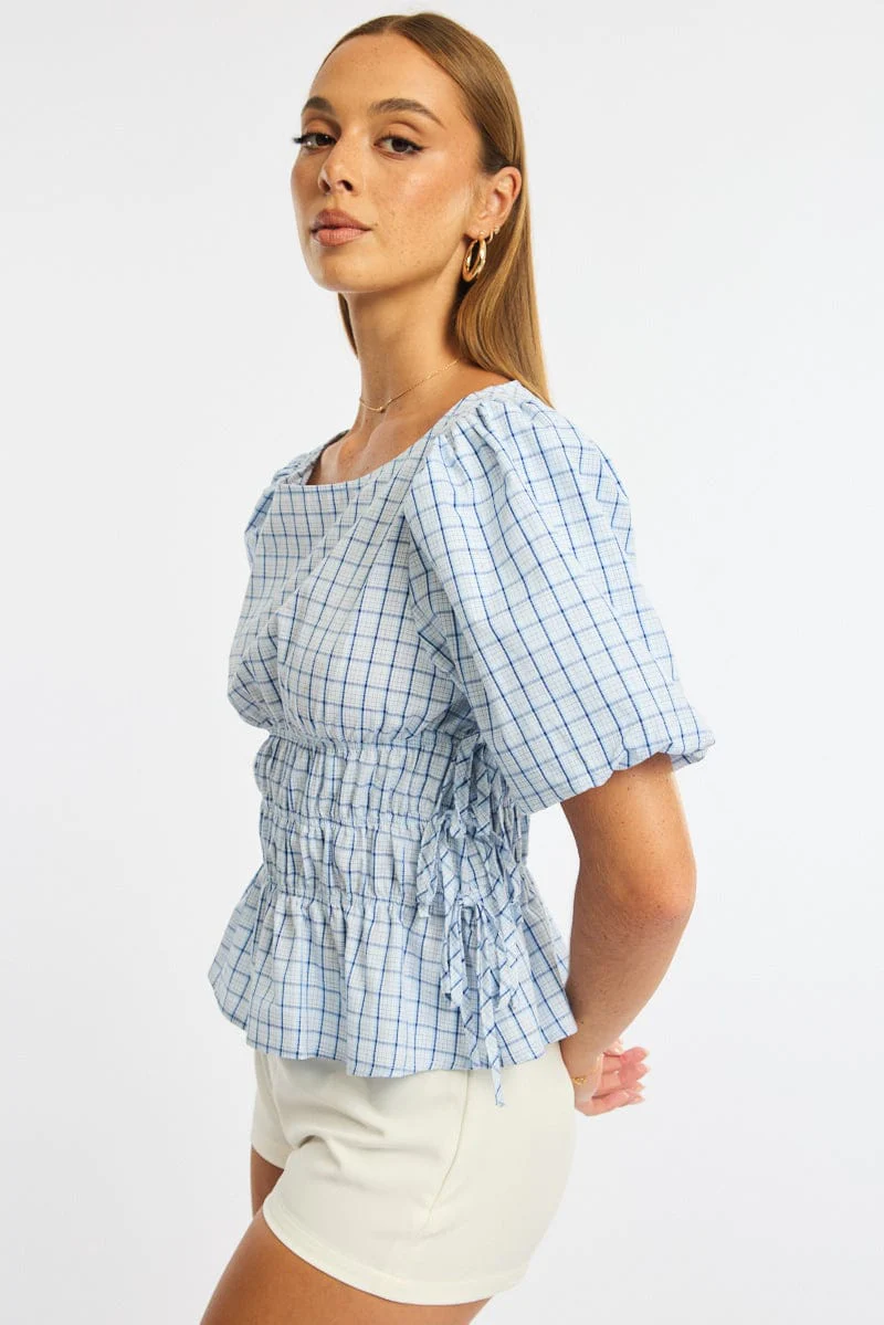Blue Check Gathered Top Boat Neck Short Puff Sleeve - Image 3