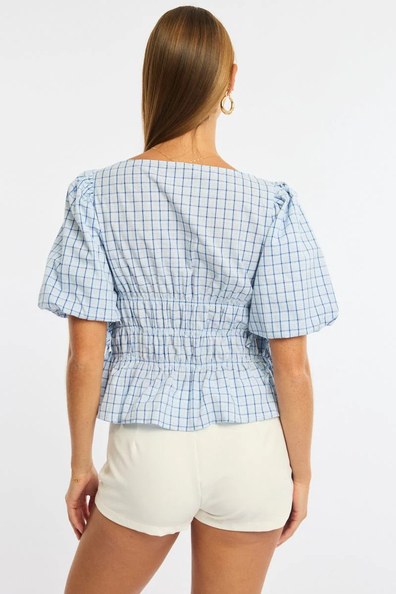 Blue Check Gathered Top Boat Neck Short Puff Sleeve - Image 4