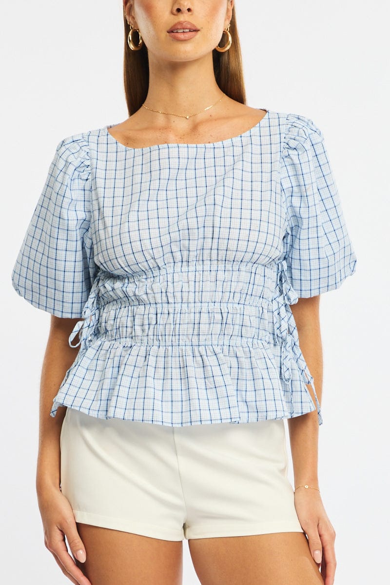 Blue Check Gathered Top Boat Neck Short Puff Sleeve - Image 5