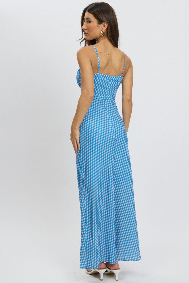 Blue Check Midi Dress Gathering Bust Sleeveless - Image 5