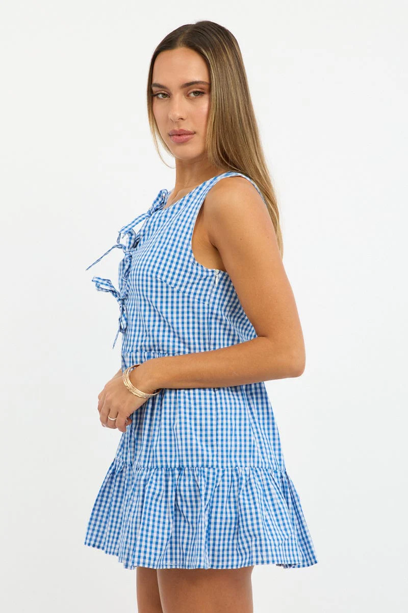 Blue Check Mini Dress Ribbon Detail - Image 3