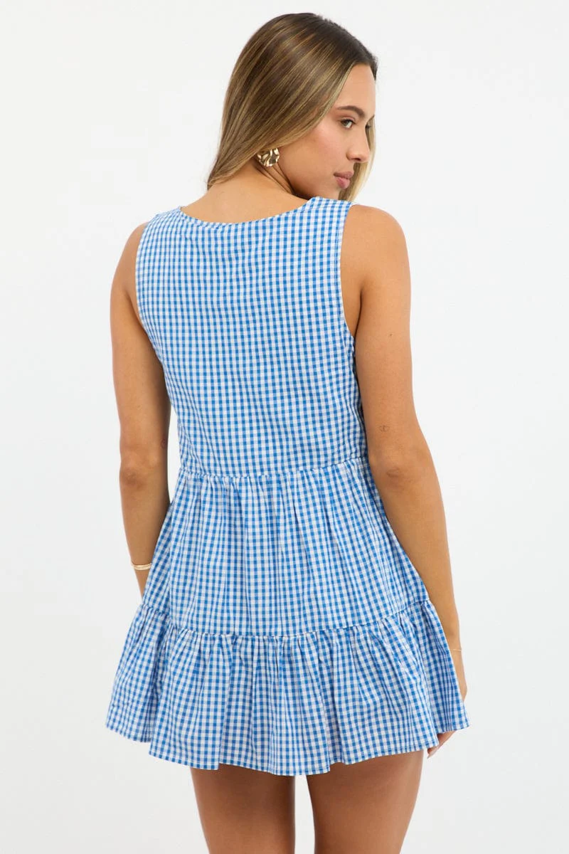 Blue Check Mini Dress Ribbon Detail - Image 4