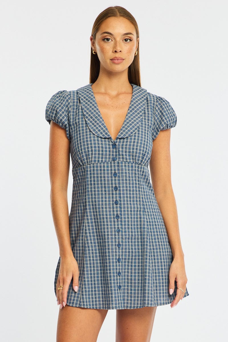 Blue Check Shirts Dress Collared Mini - Image 3