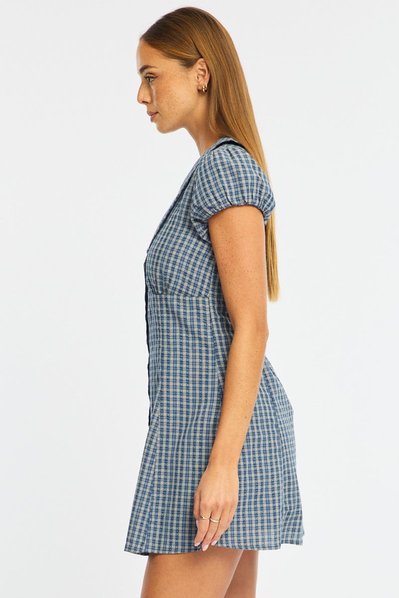 Blue Check Shirts Dress Collared Mini - Image 4