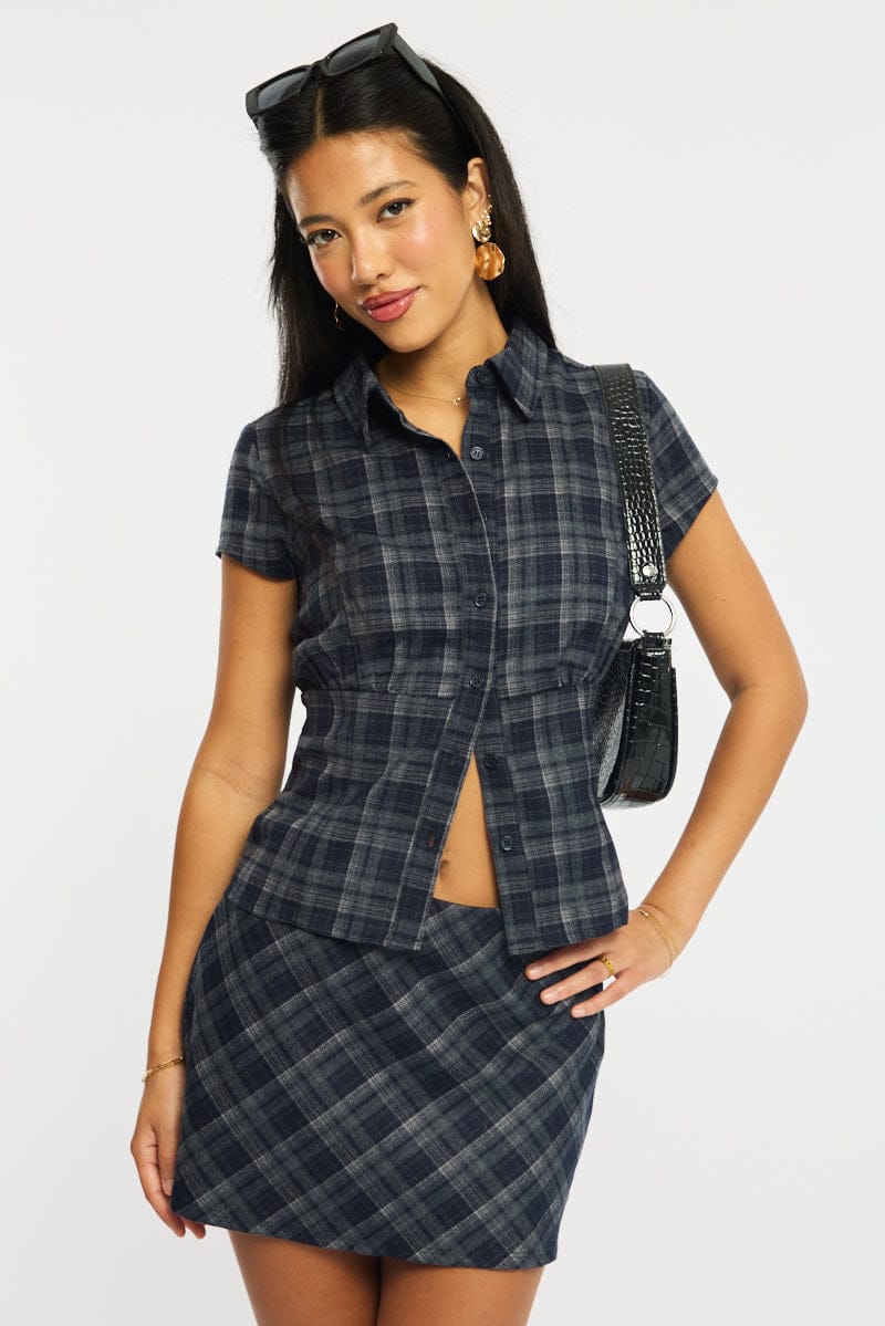Blue Check Short Sleeve Fitted Check Shirt