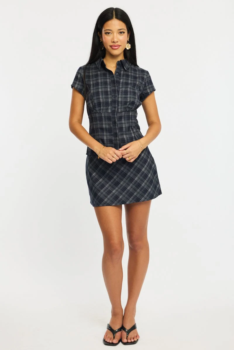 Blue Check Short Sleeve Fitted Check Shirt - Image 2
