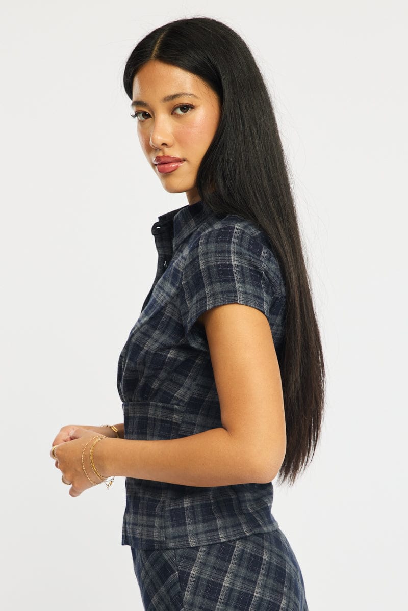 Blue Check Short Sleeve Fitted Check Shirt - Image 3