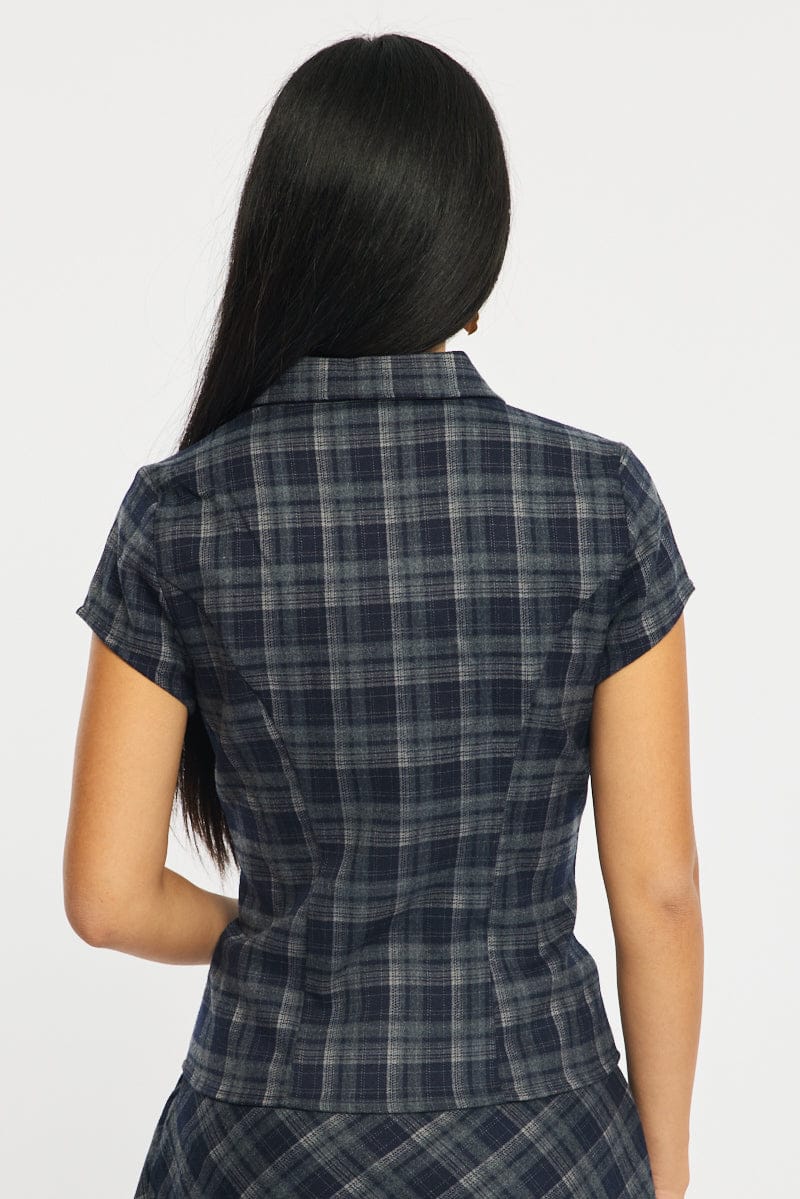 Blue Check Short Sleeve Fitted Check Shirt - Image 4