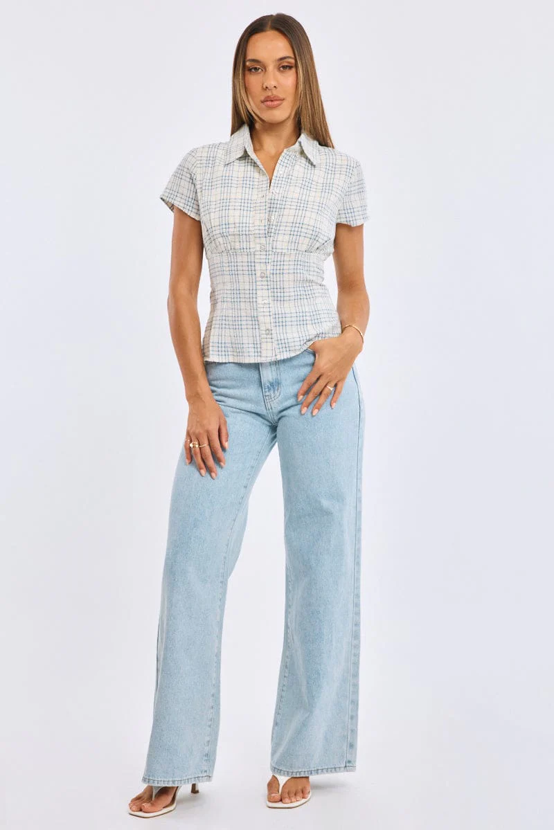 Blue Check Short Sleeve Shirt Collared Button Up Textured - Image 2
