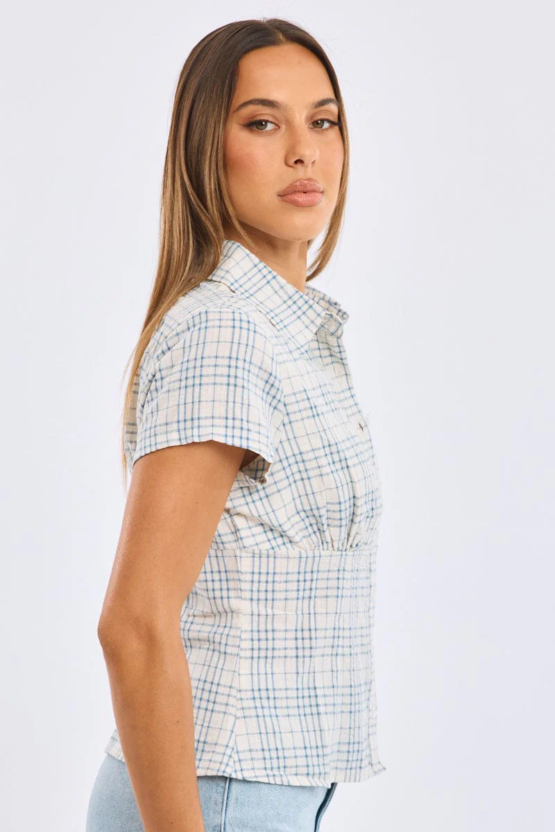 Blue Check Short Sleeve Shirt Collared Button Up Textured - Image 3