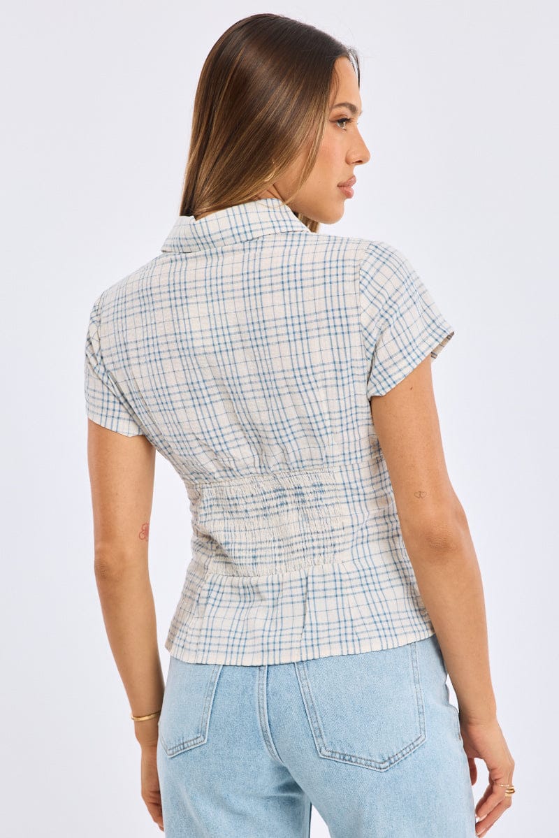 Blue Check Short Sleeve Shirt Collared Button Up Textured - Image 4
