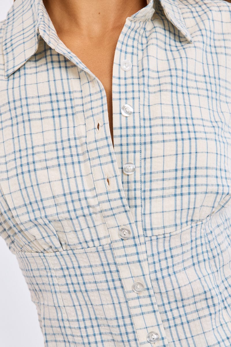 Blue Check Short Sleeve Shirt Collared Button Up Textured - Image 5