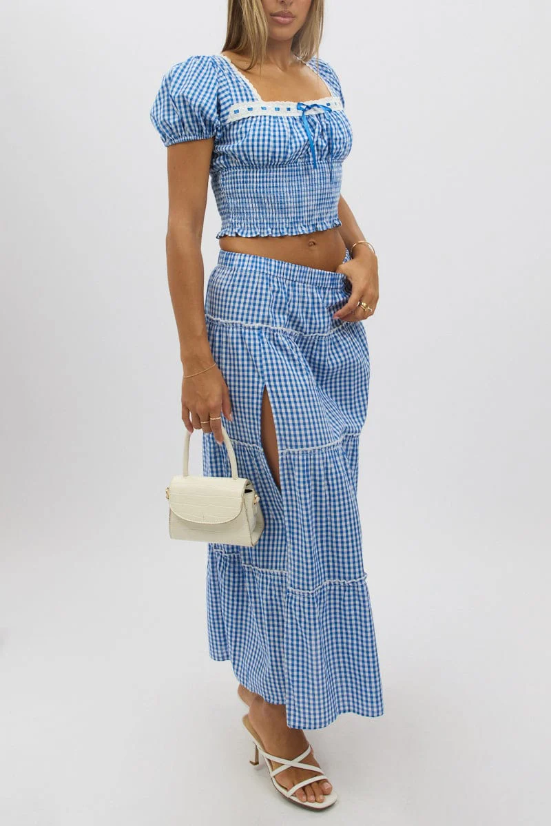 Blue Check Tiered Maxi Skirt Elastic Waist Slit Ruffle - Image 3