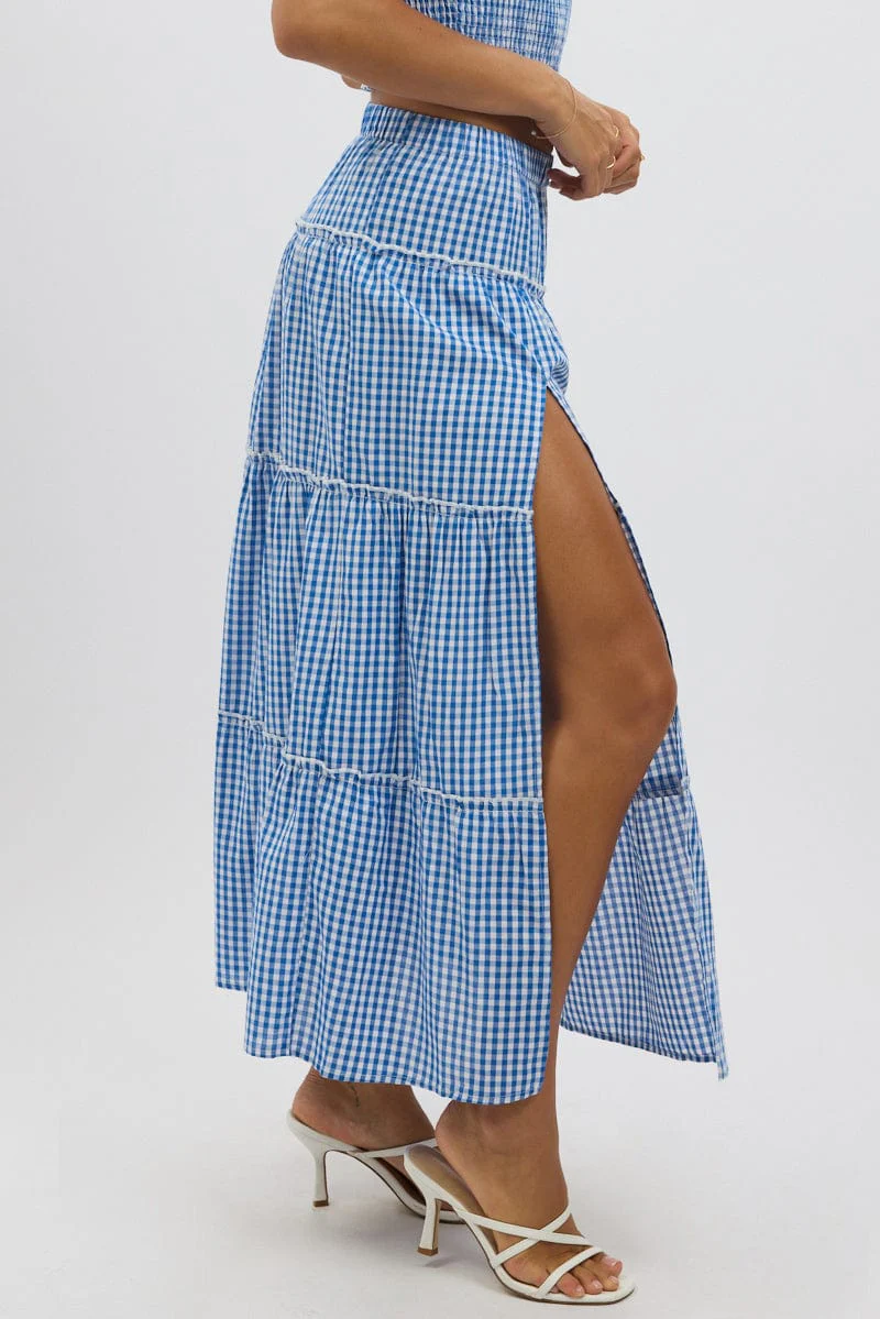 Blue Check Tiered Maxi Skirt Elastic Waist Slit Ruffle - Image 4