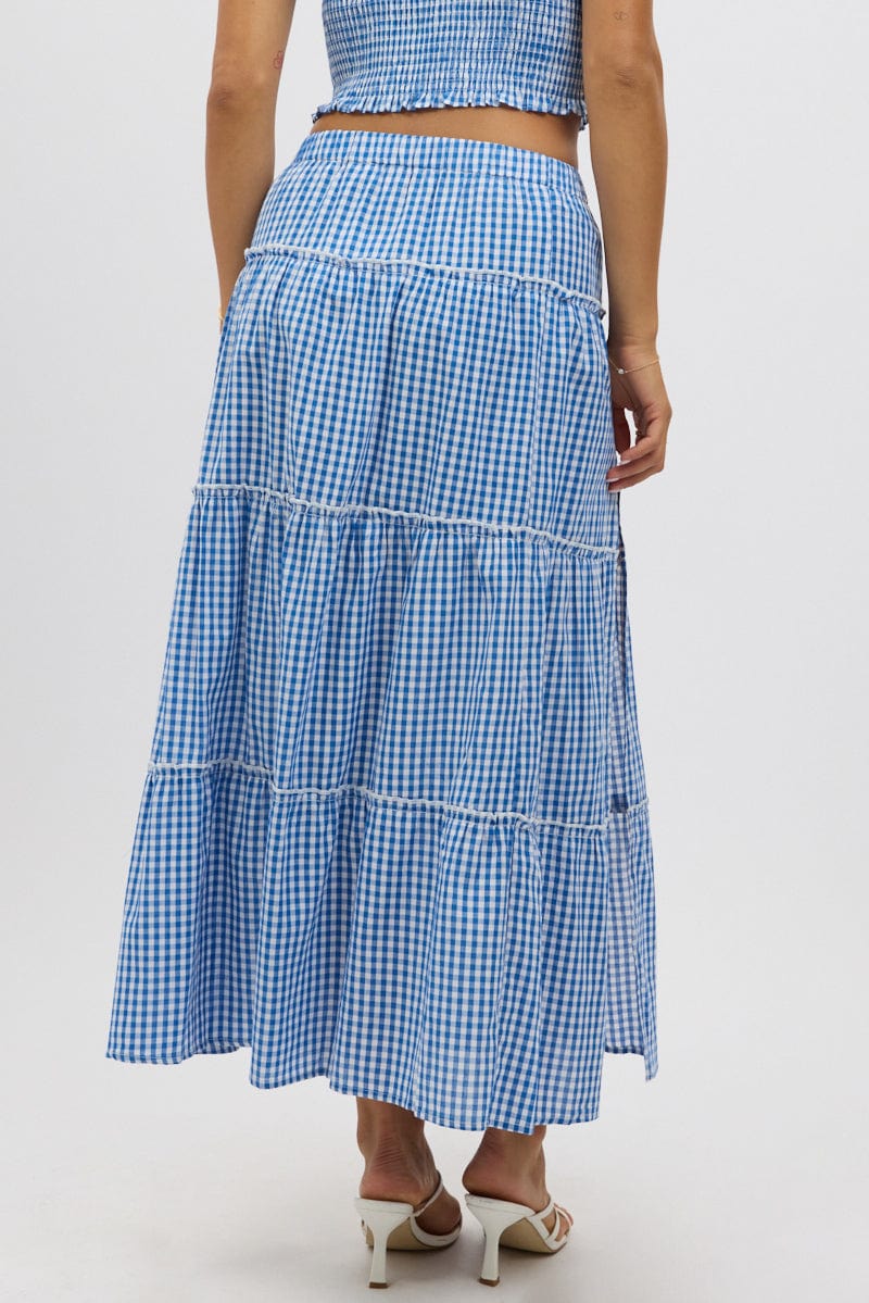 Blue Check Tiered Maxi Skirt Elastic Waist Slit Ruffle - Image 5