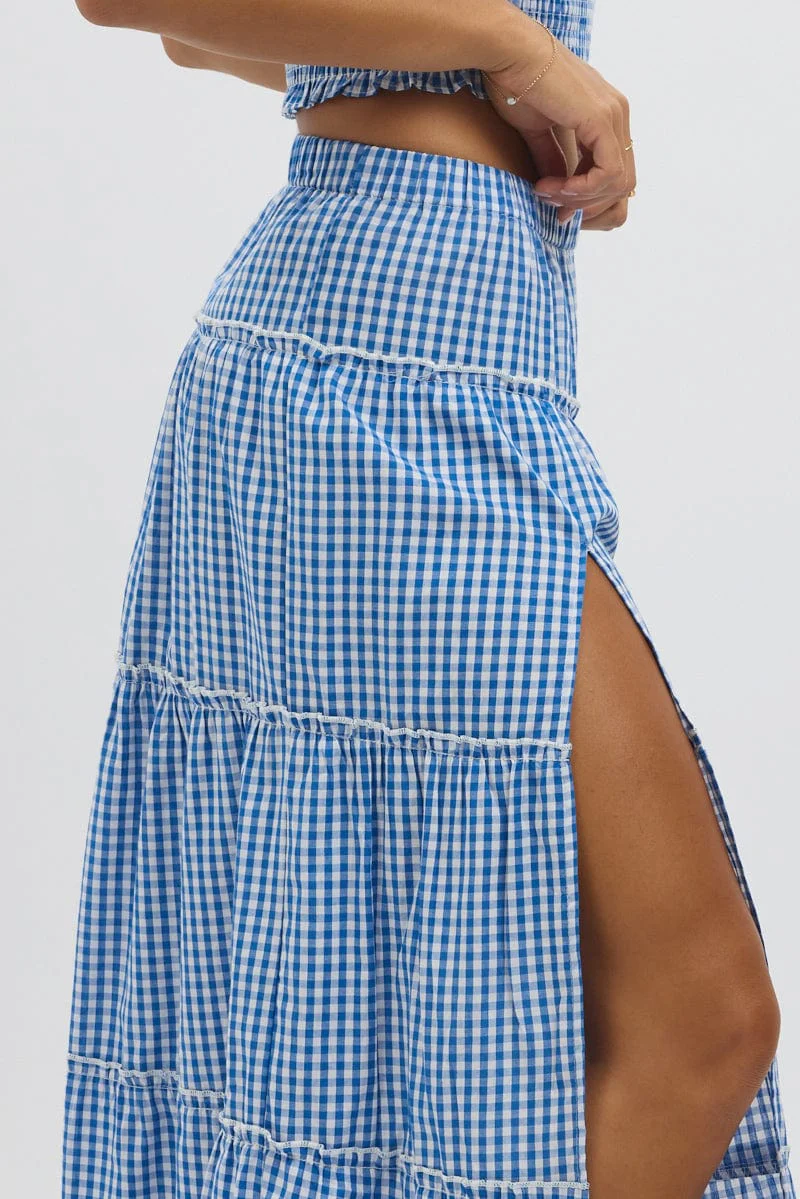 Blue Check Tiered Maxi Skirt Elastic Waist Slit Ruffle - Image 6