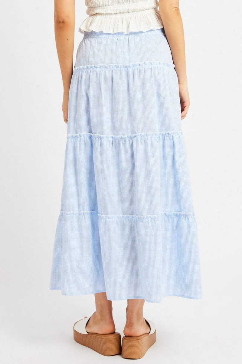 Blue Check Tiered Maxi Slit Skirt - Image 5