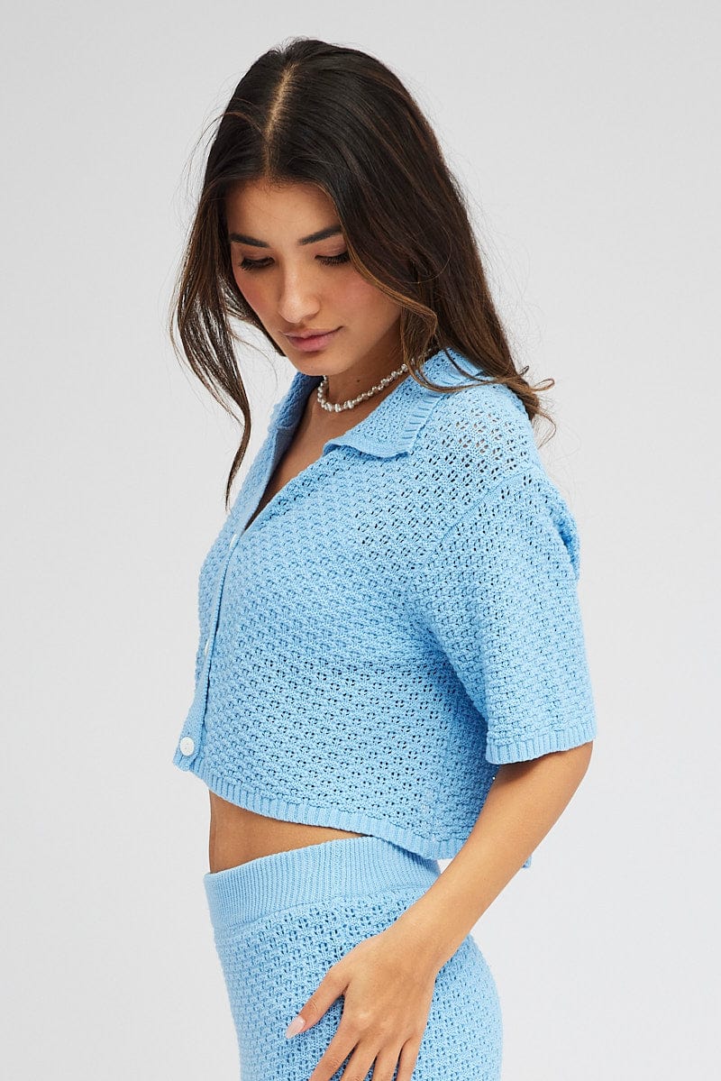 Blue Crochet Knit Top Collared - Image 4