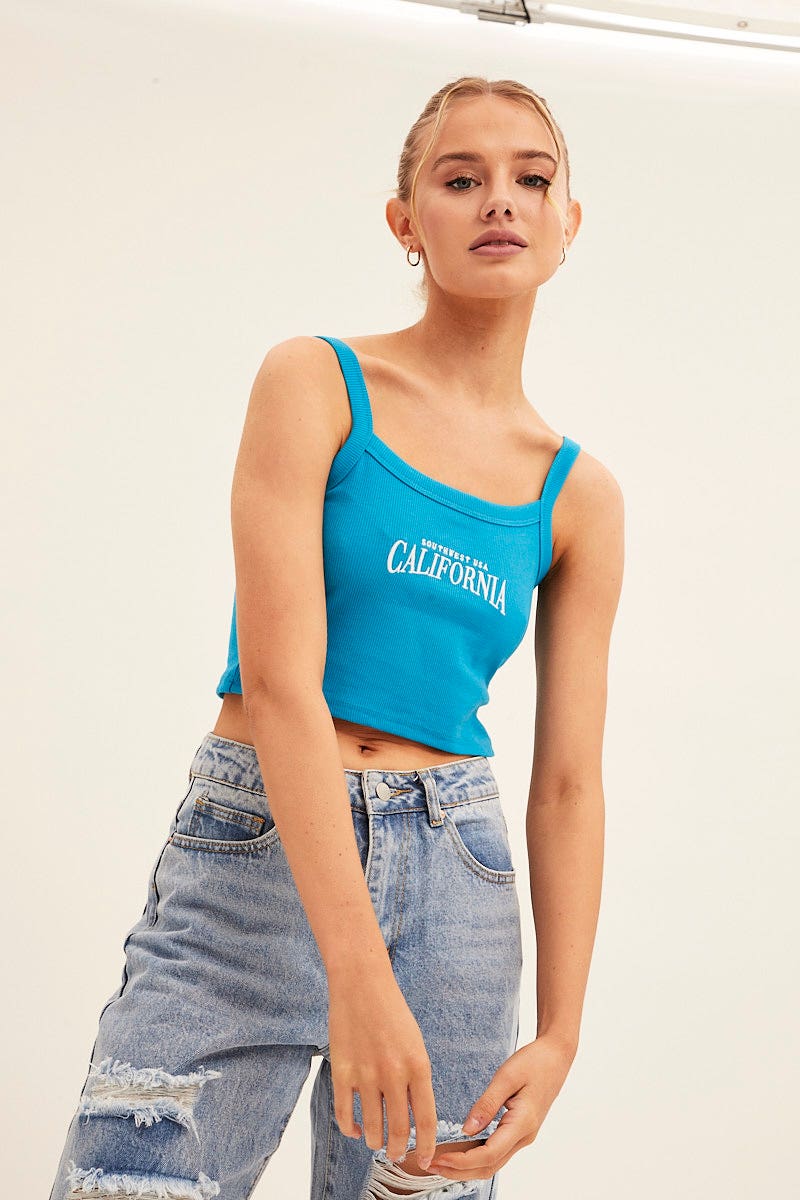 Blue Crop Singlet Sleeveless Rib Embroidered - Image 3