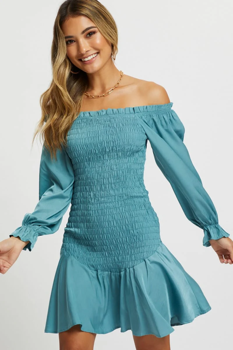 Blue Designer Shirred Of The Shoulder Ruffle Dress - Image 4