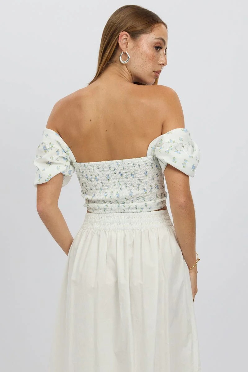 Blue Ditsy Crop Top Short Sleeve Shirred Waist - Image 5