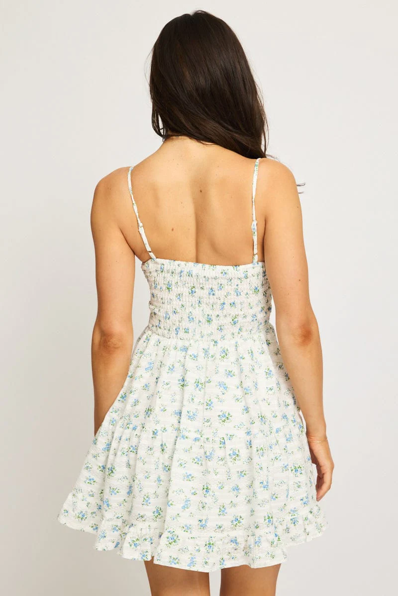 Blue Ditsy Fit And Flare Dress Mini - Image 4