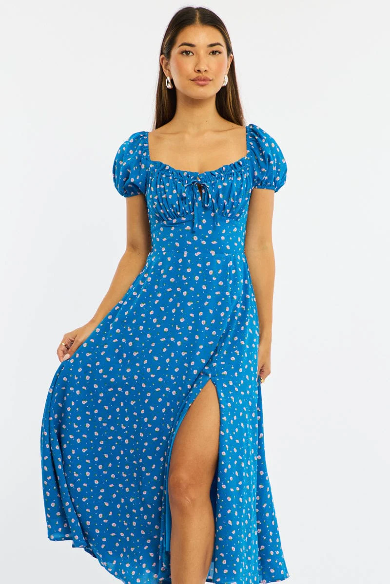 Blue Ditsy Midi Dress Puff Sleeve - Image 2