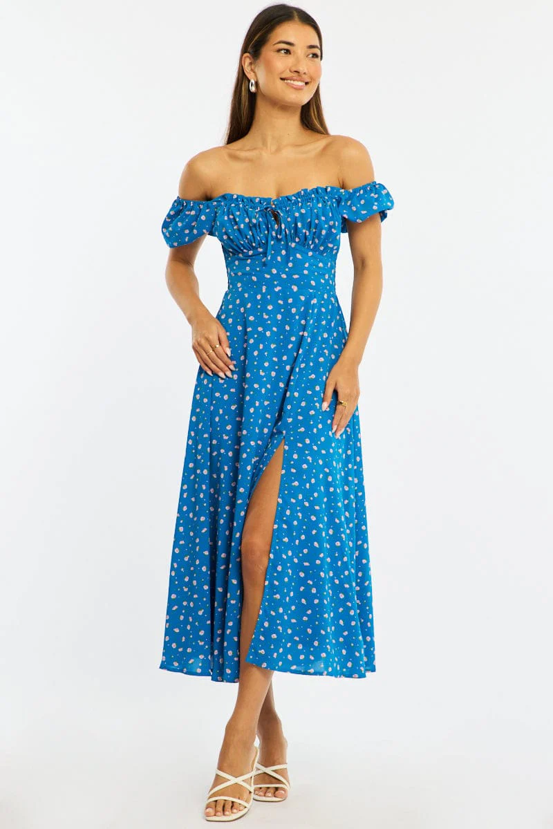 Blue Ditsy Midi Dress Puff Sleeve - Image 3