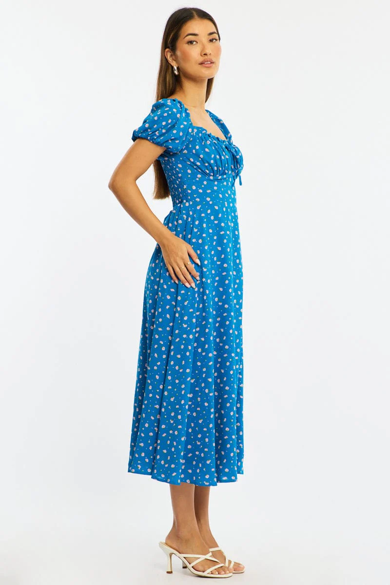 Blue Ditsy Midi Dress Puff Sleeve - Image 4