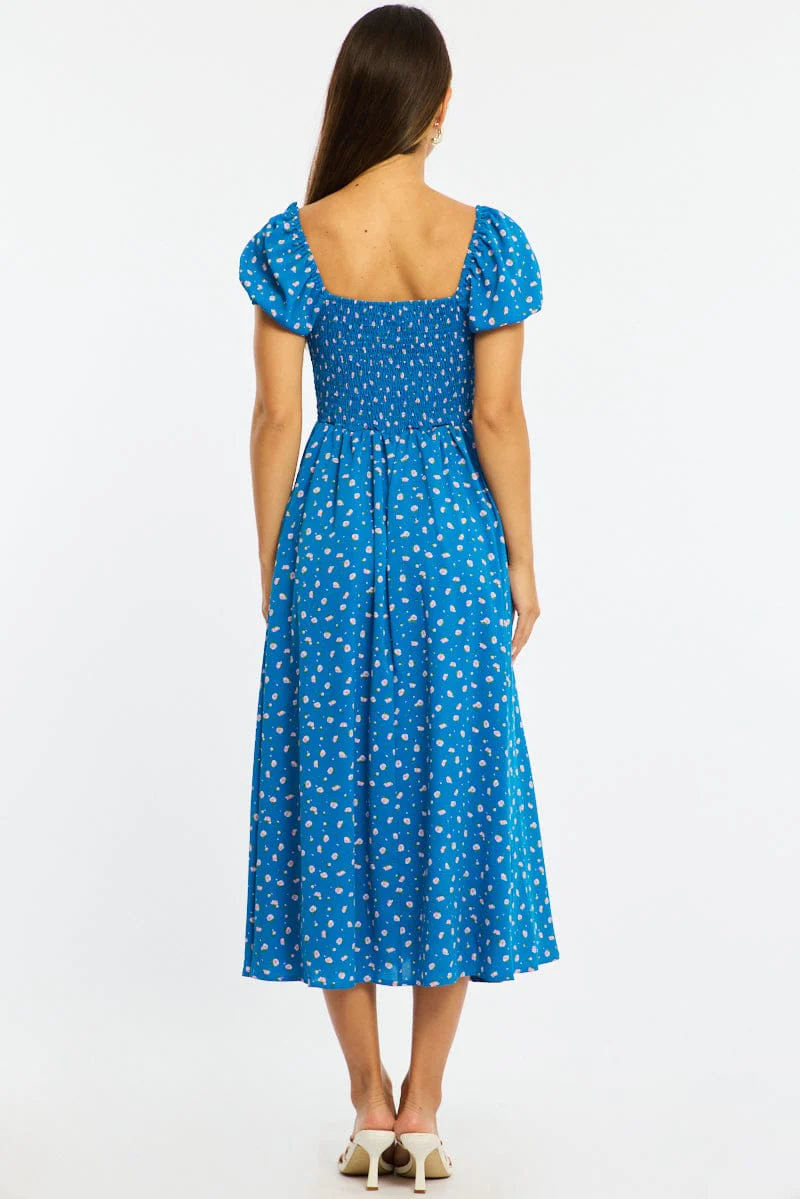 Blue Ditsy Midi Dress Puff Sleeve - Image 5