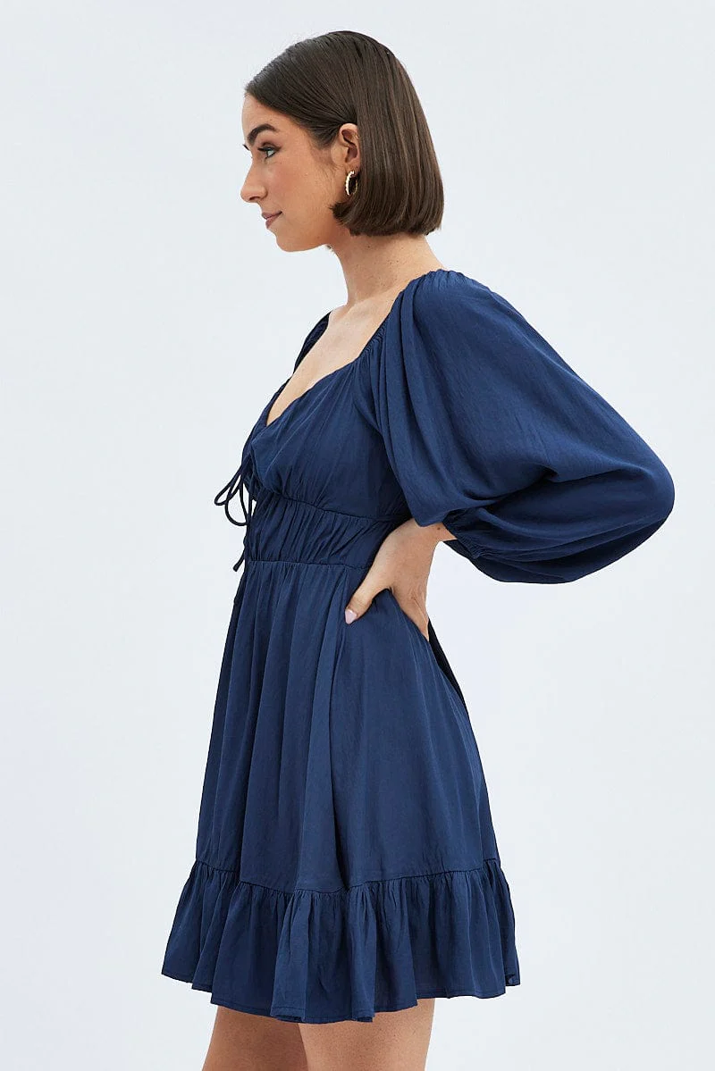 Blue Fit and Flare Dress Long Sleeve Cut Out - Image 4