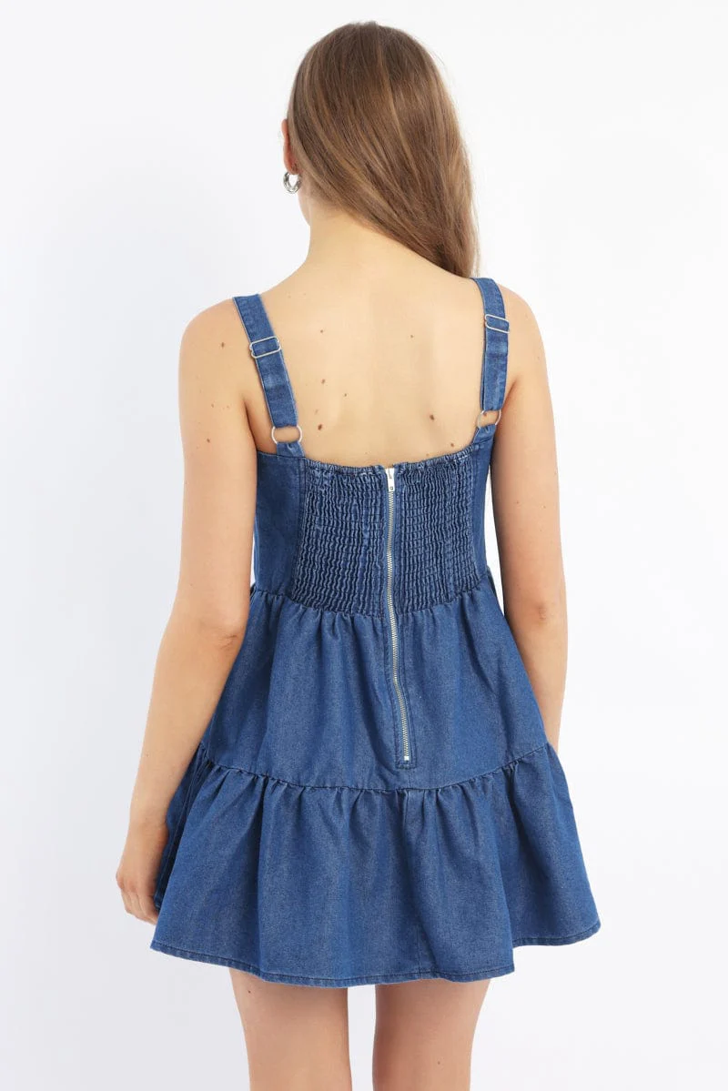 Blue Fit And Flare Dress Mini Gathered Bust - Image 4