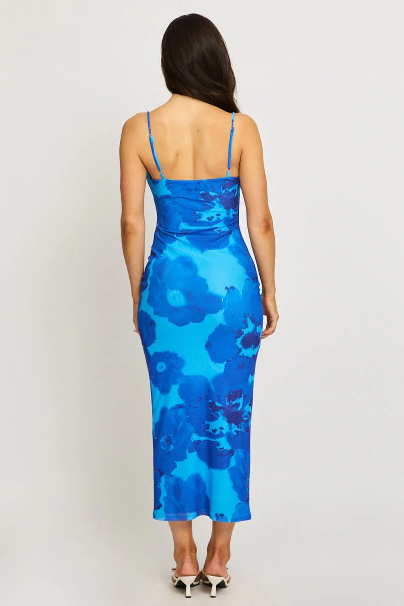 Blue Floral Bodycon Dress Cowl Neck Maxi - Image 4
