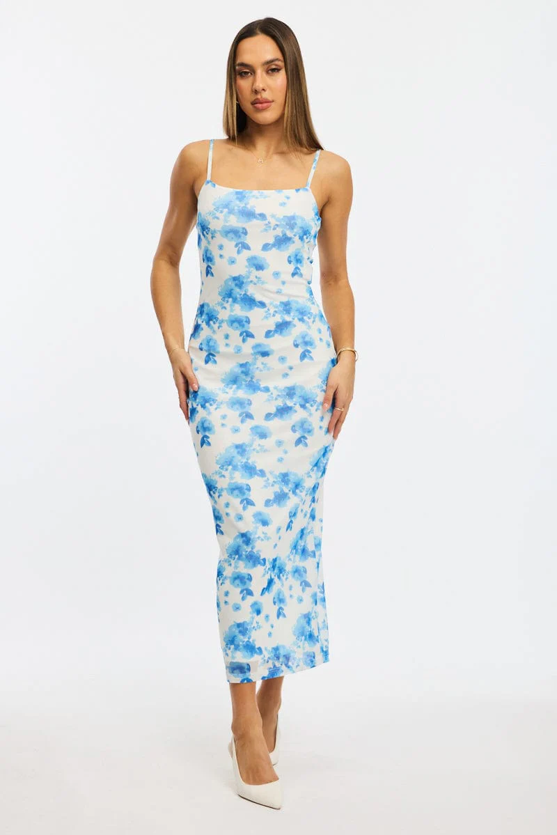 Blue Floral Bodycon Dress Mesh