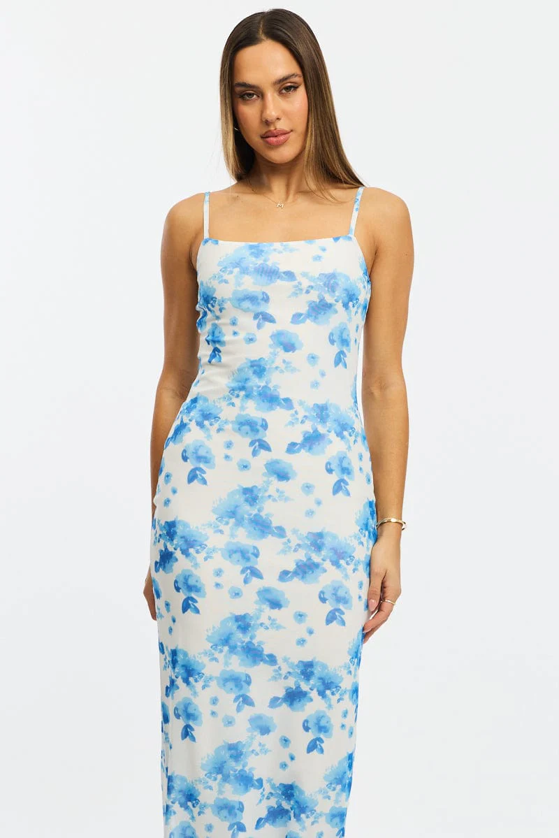 Blue Floral Bodycon Dress Mesh - Image 2