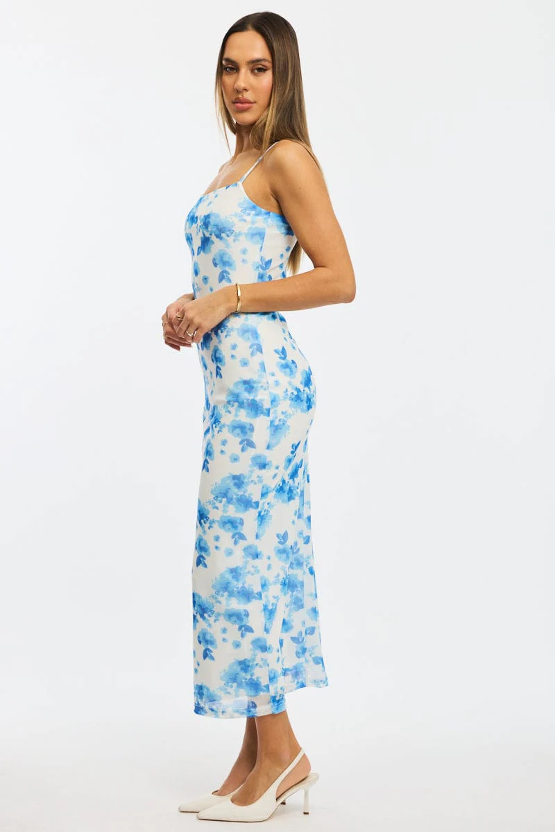 Blue Floral Bodycon Dress Mesh - Image 3