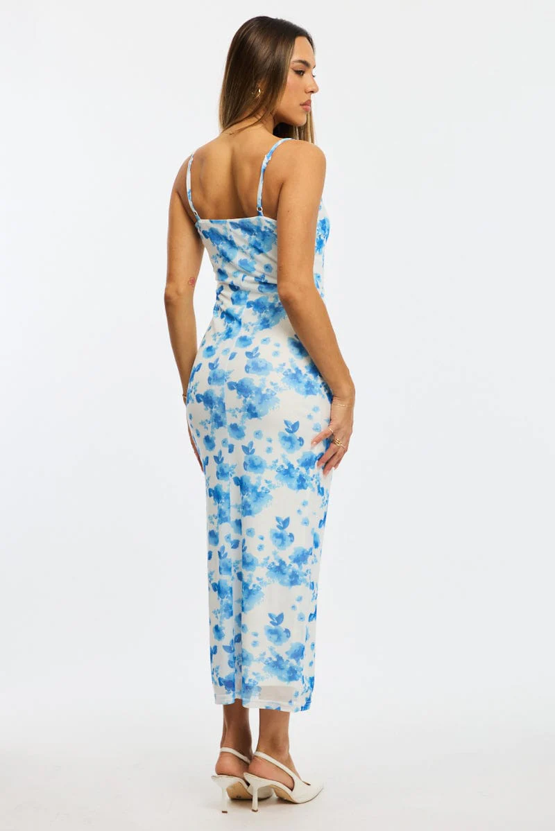 Blue Floral Bodycon Dress Mesh - Image 4