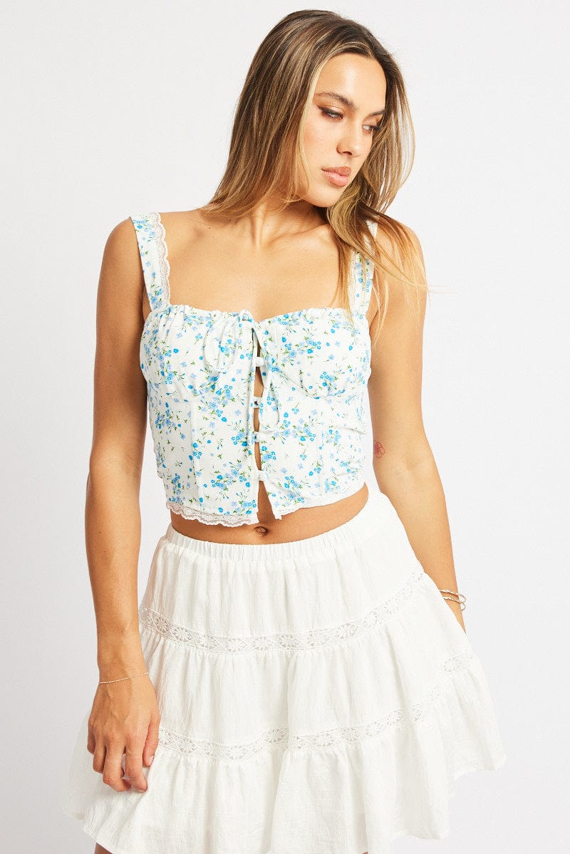 Blue Floral Cami Button Up Tie Front - Image 3