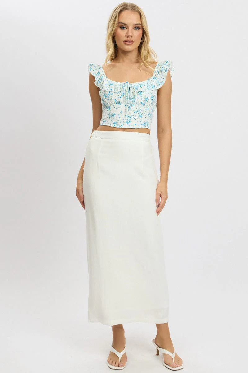 Blue Floral Crop Top Frill Sleeve - Image 3
